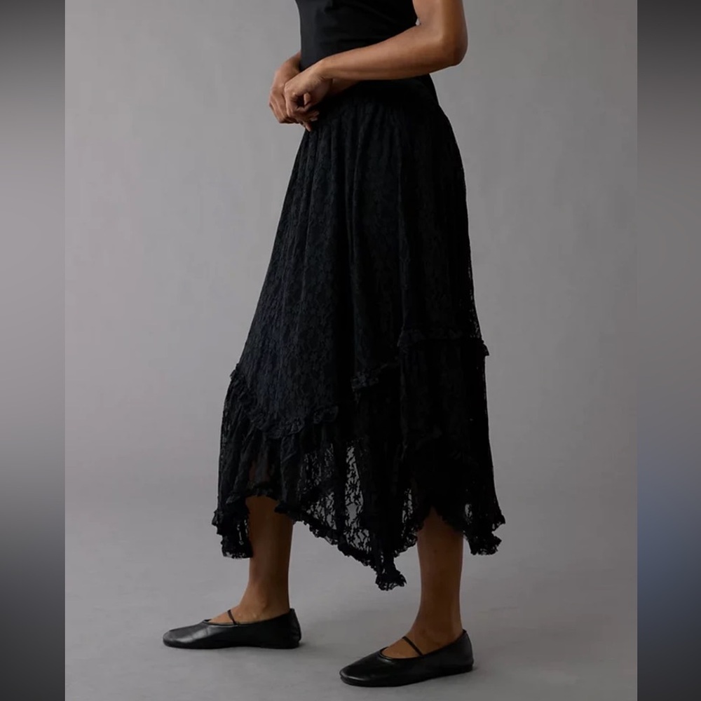 Elegant Black Lace Skirt, American Eagle Black Lace Handkerchief Hem Maxi Skirt
